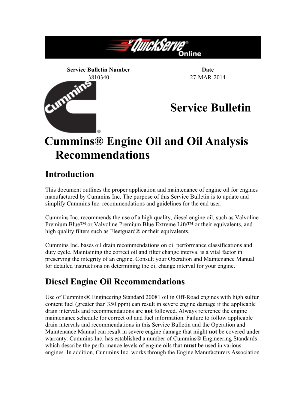 Cummins Engine Oil and Oil Analysis Recommendations