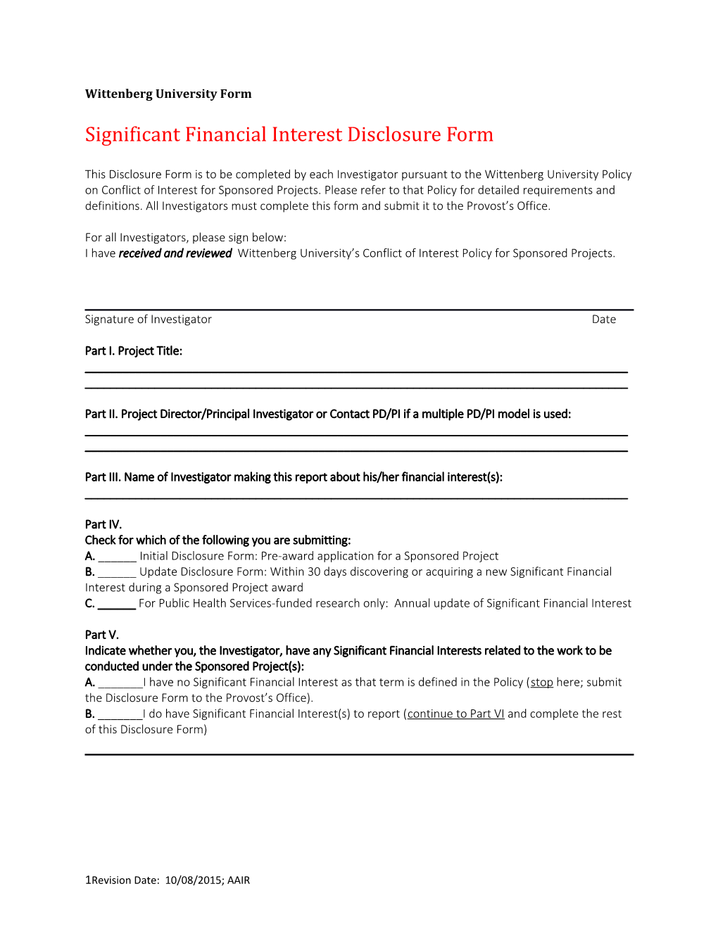 Significant Financial Interest Disclosure Form