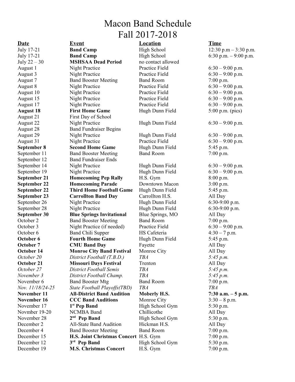 Macon Band Schedule