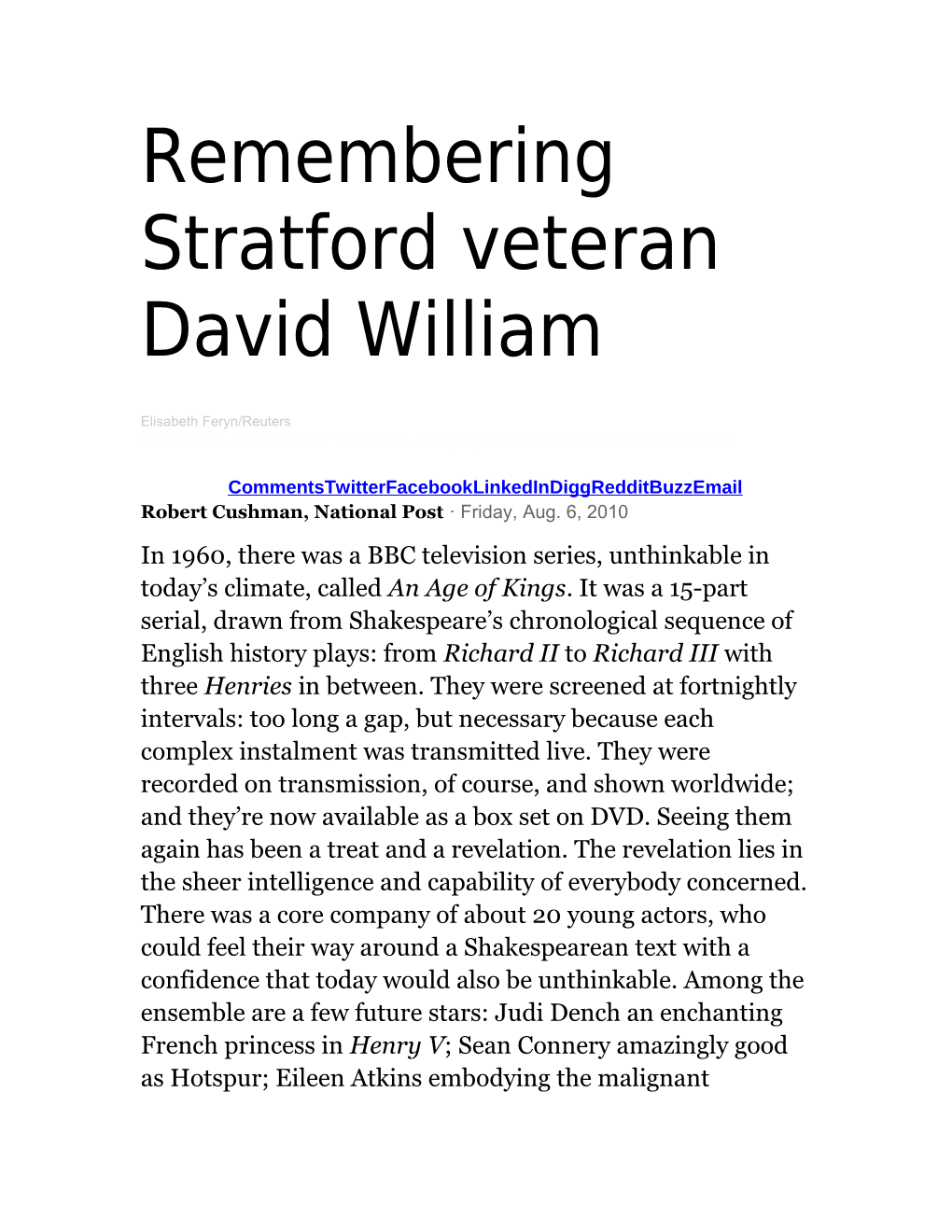 Remembering Stratford Veteran David William