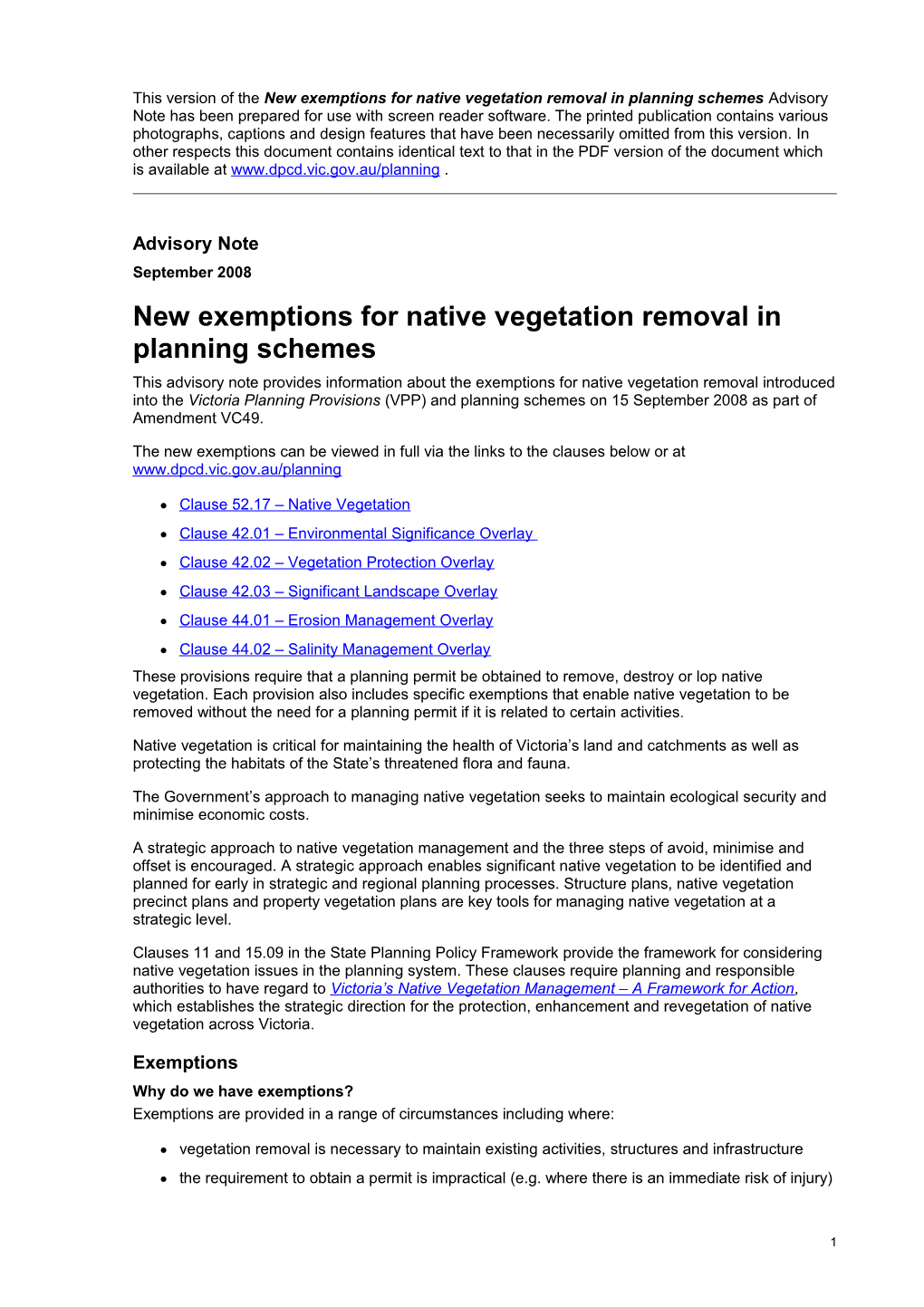 New Exemptions for Native Vegetation Removal in Planning Schemes Advisory Note