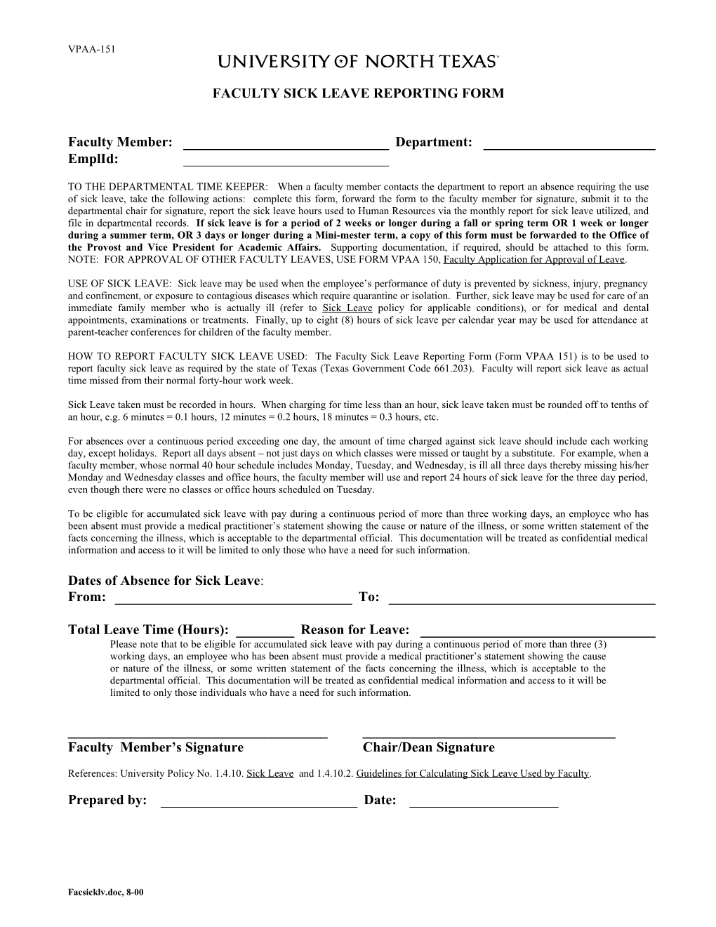FACULTY SICK LEAVE REPORTING FORM (Form VPAA 151)