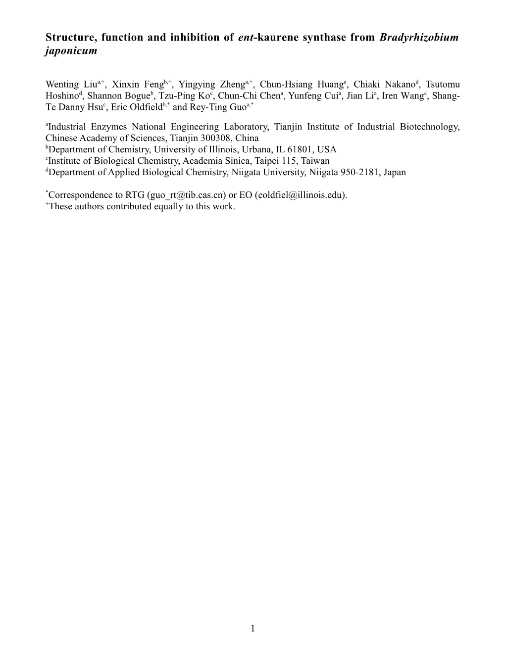 Structure, Function and Inhibition of Ent-Kaurene Synthase from Bradyrhizobium Japonicum