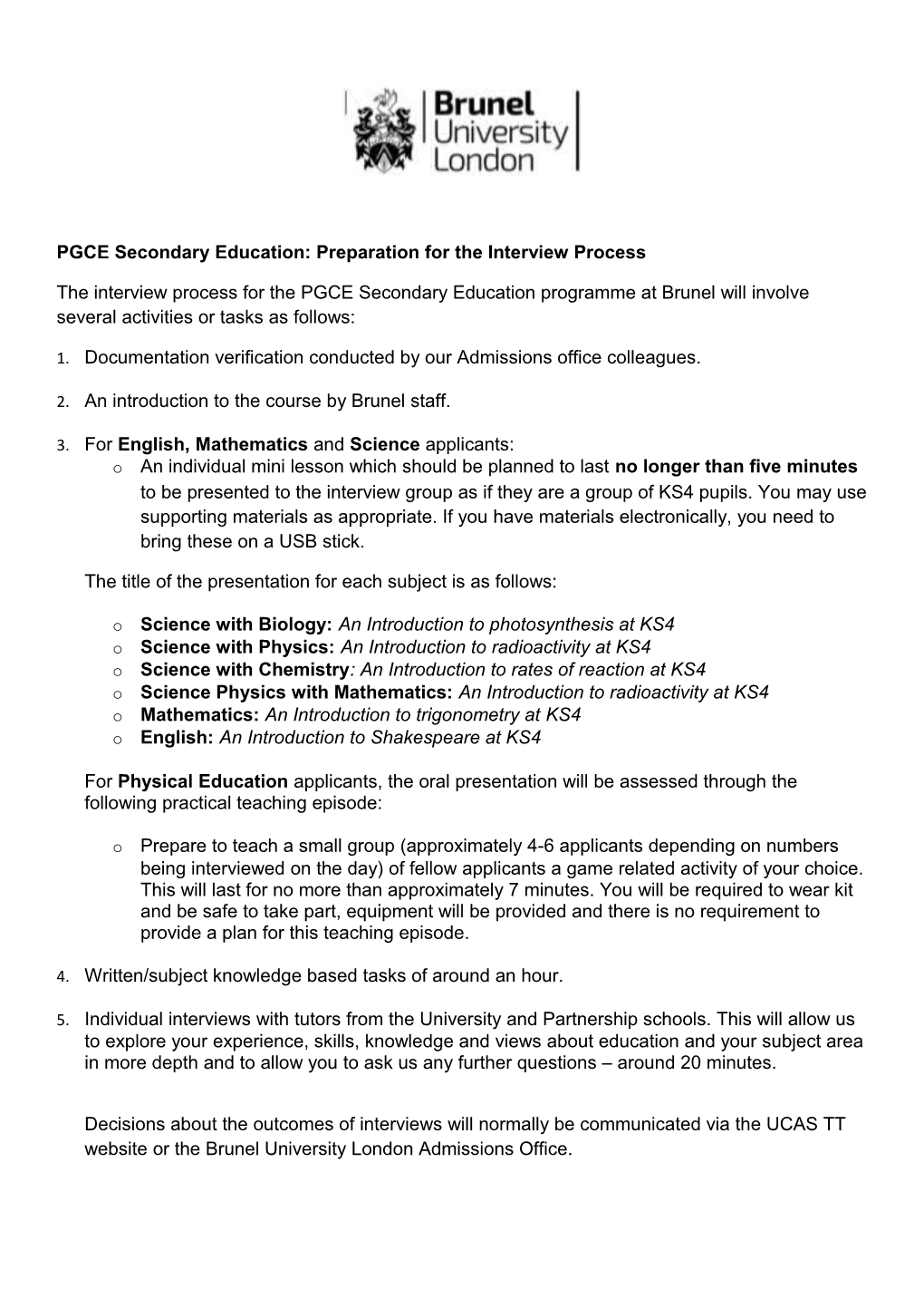 PGCE Secondary Education: Preparation for the Interview Process