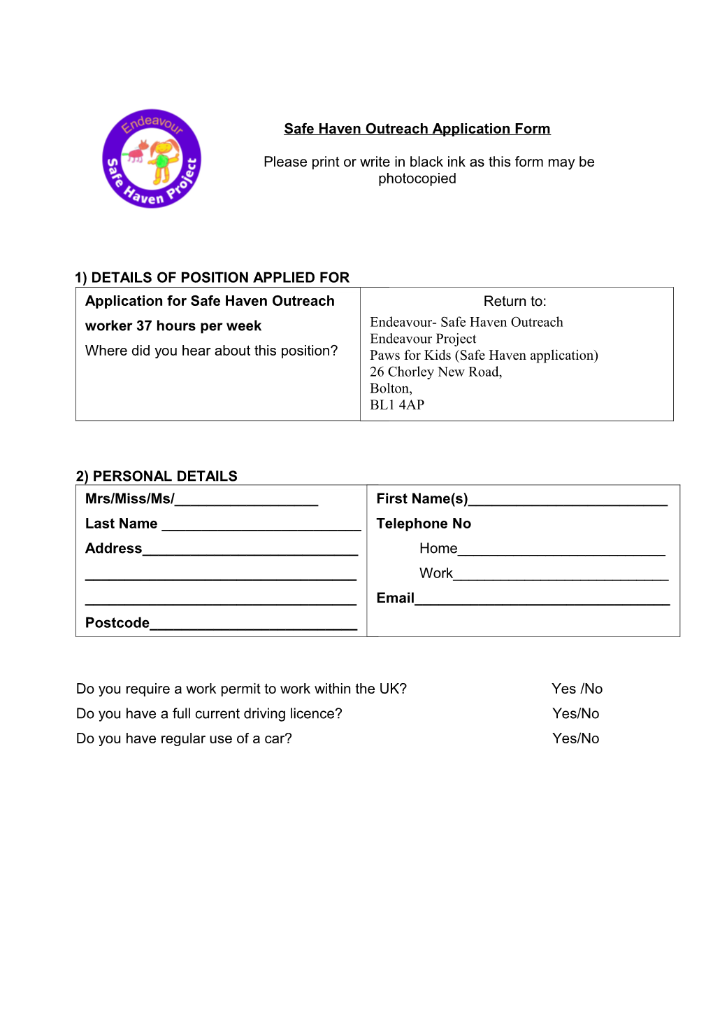 Safe Haven Outreach Application Form