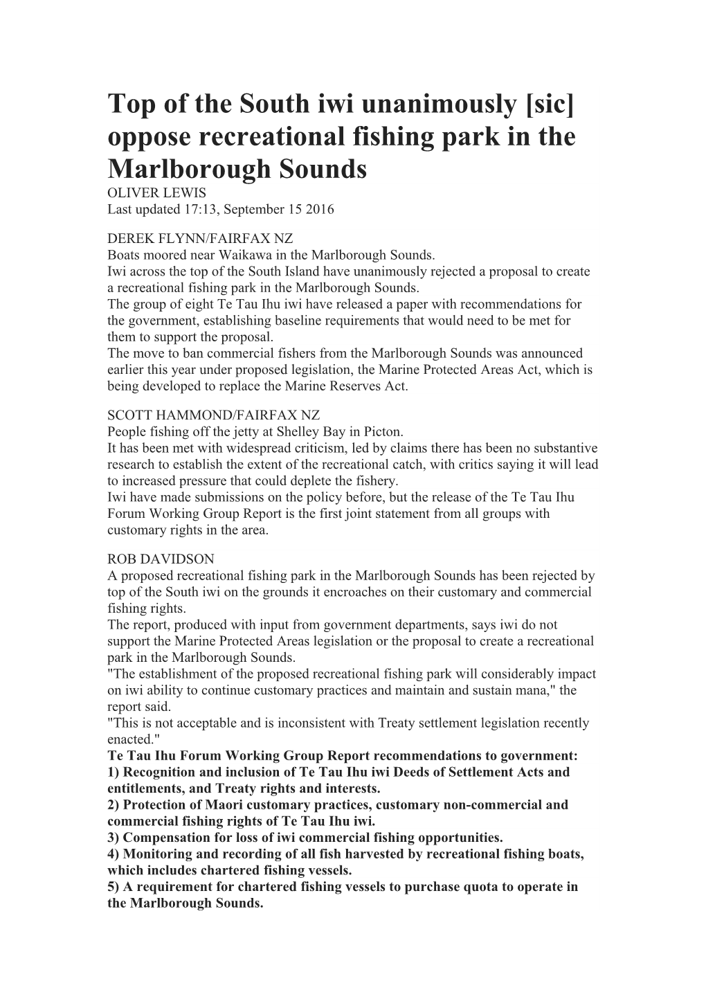 Top of the South Iwi Unanimously Sic Oppose Recreational Fishing Park in the Marlborough