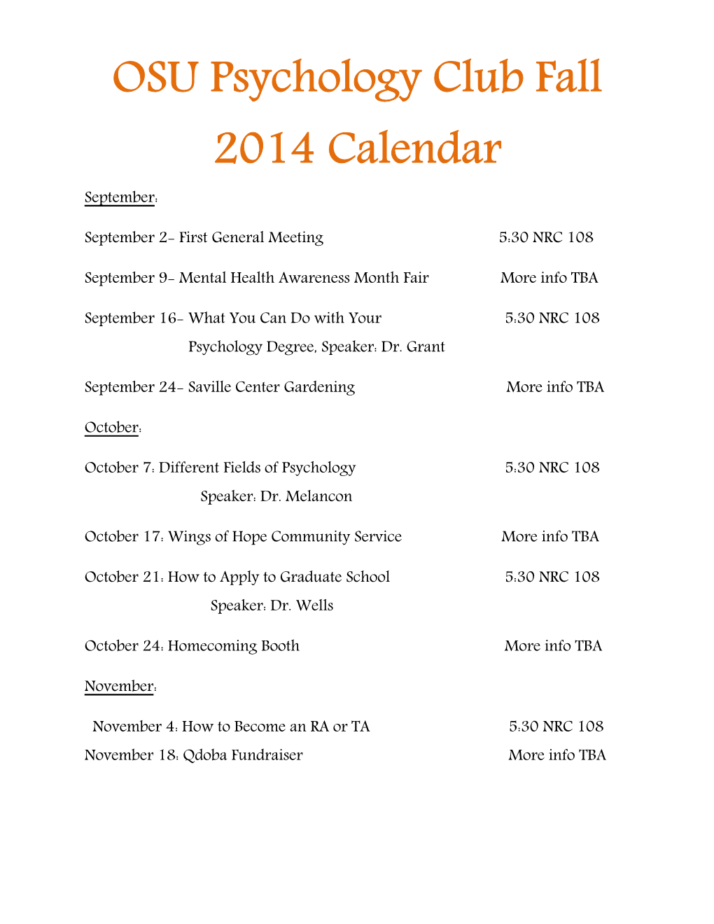 OSU Psychology Club Fall 2014 Calendar