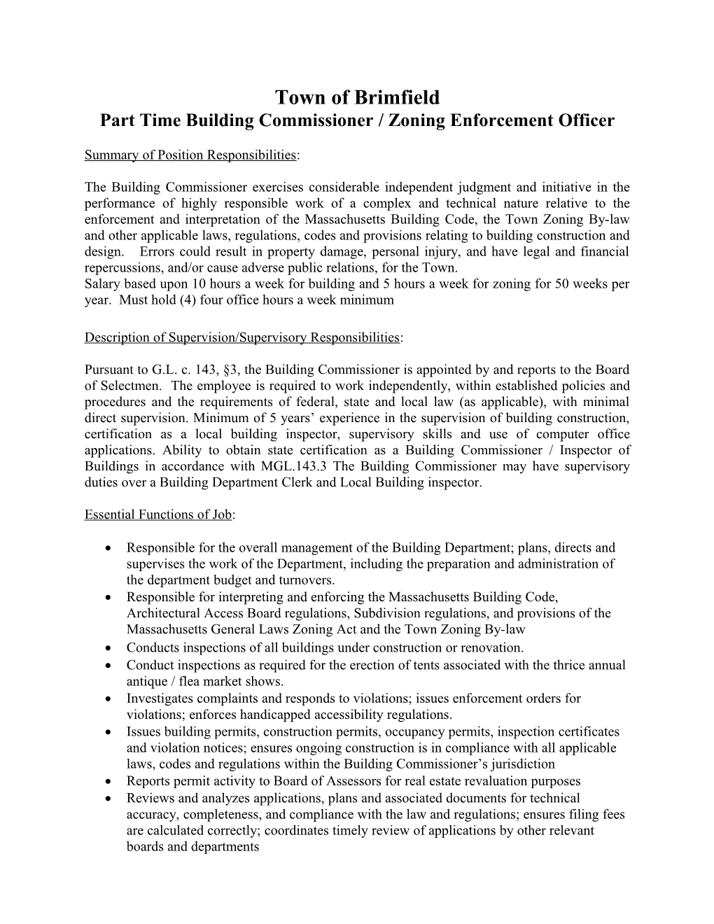 Part Time Building Commissioner / Zoning Enforcement Officer