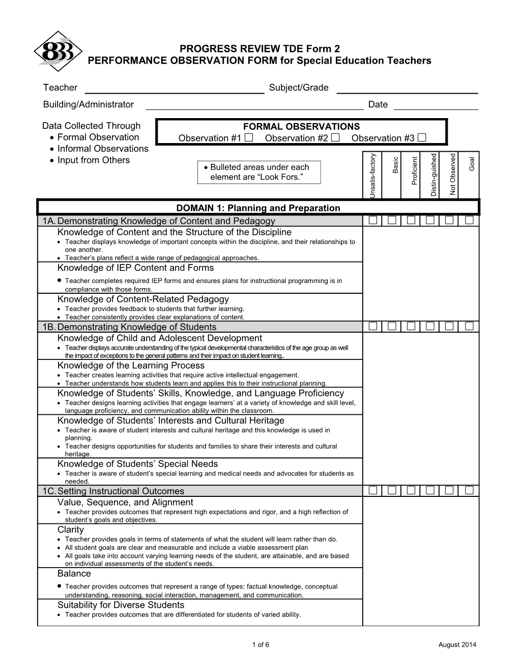 PERFORMANCE OBSERVATION FORM for Special Education Teachers