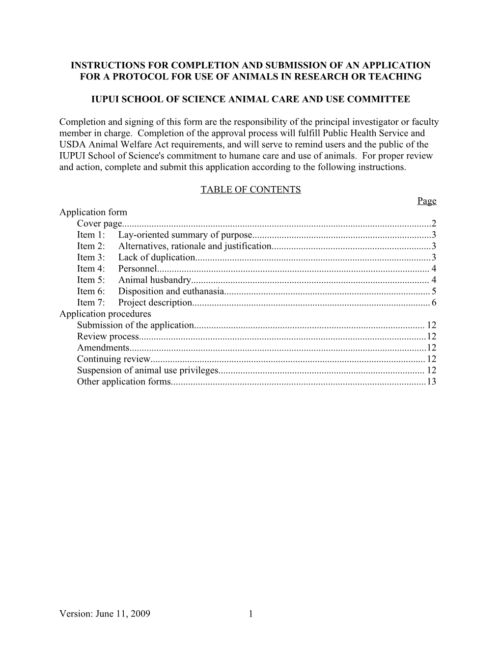 Instructions for Completion and Submission of an Application for Animal Use in Research