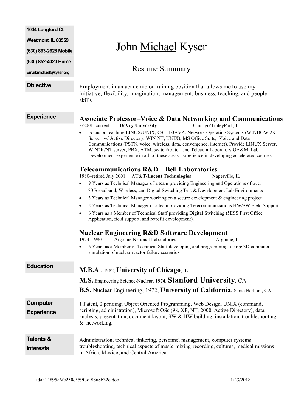 Resume Summary