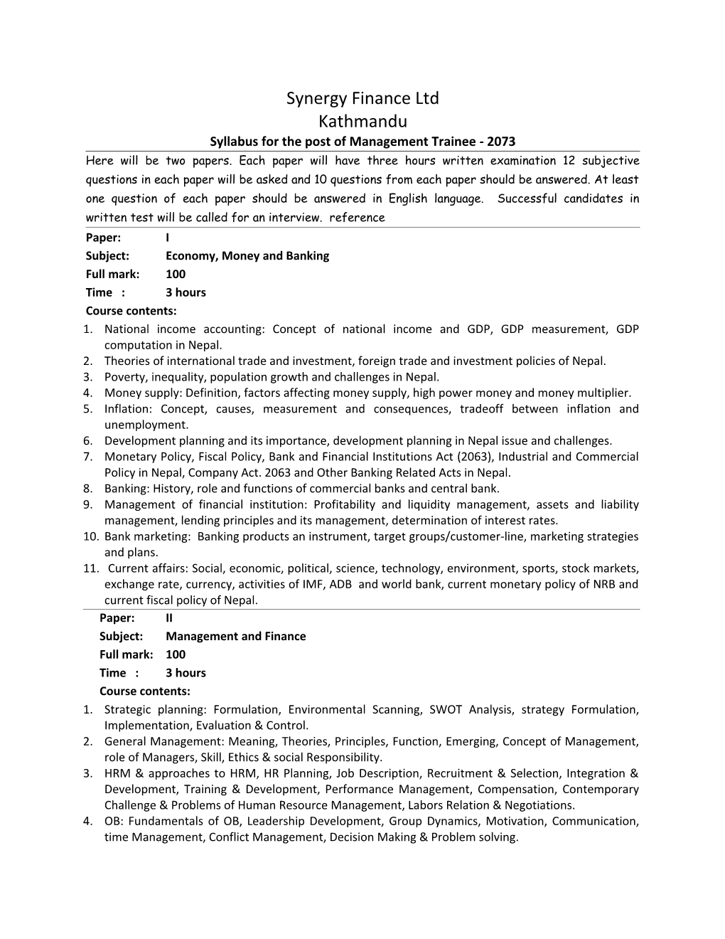 Syllabus for the Post of Management Trainee - 2073