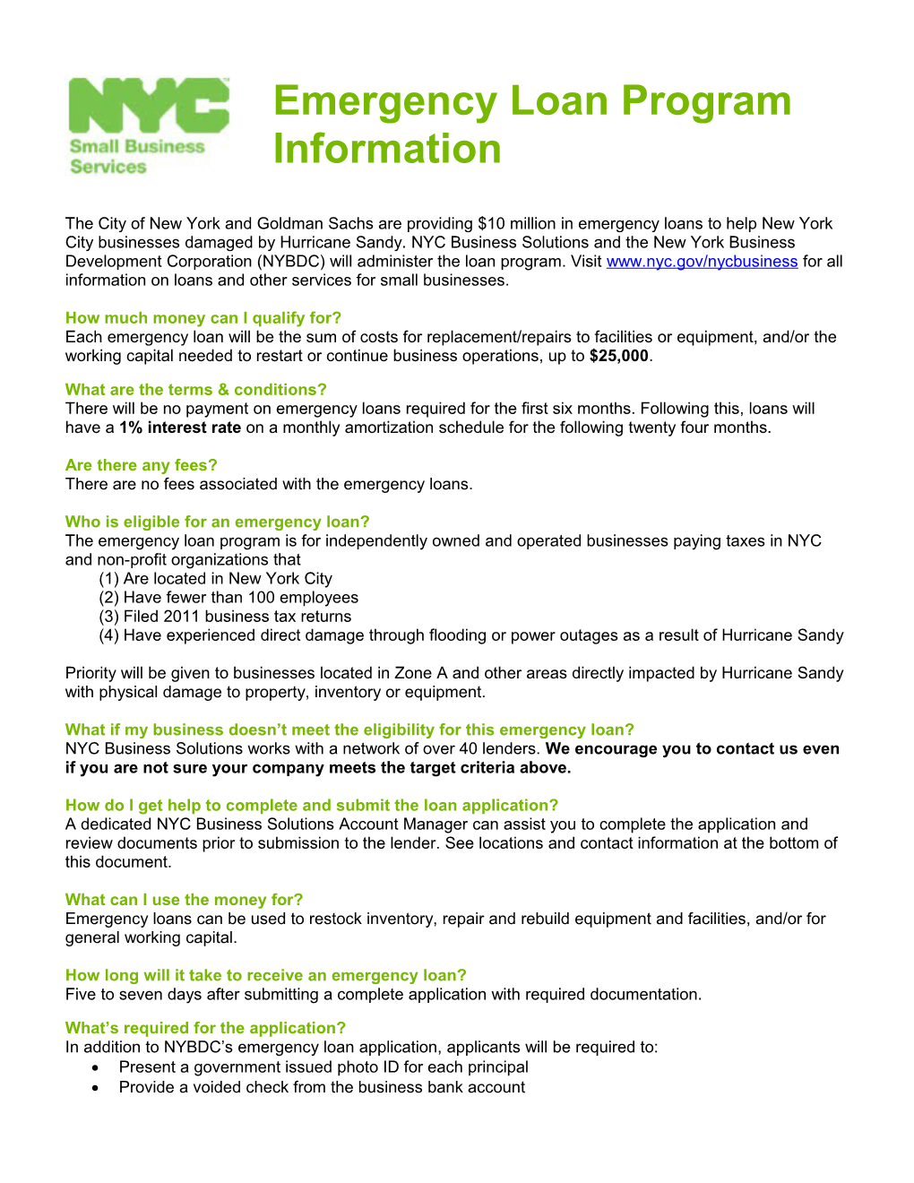 Emergency Loan Program Information