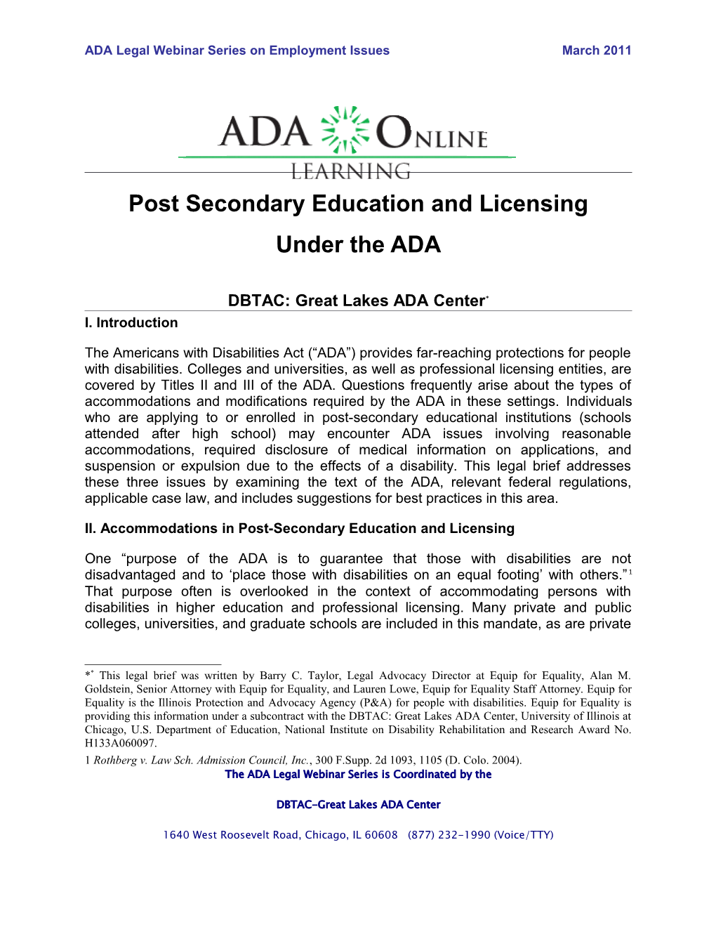 Post Secondary Education and Licensing Under the Ada