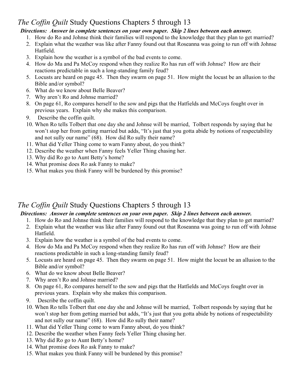 The Coffin Quilt Study Questions Chapters 5 Through 13