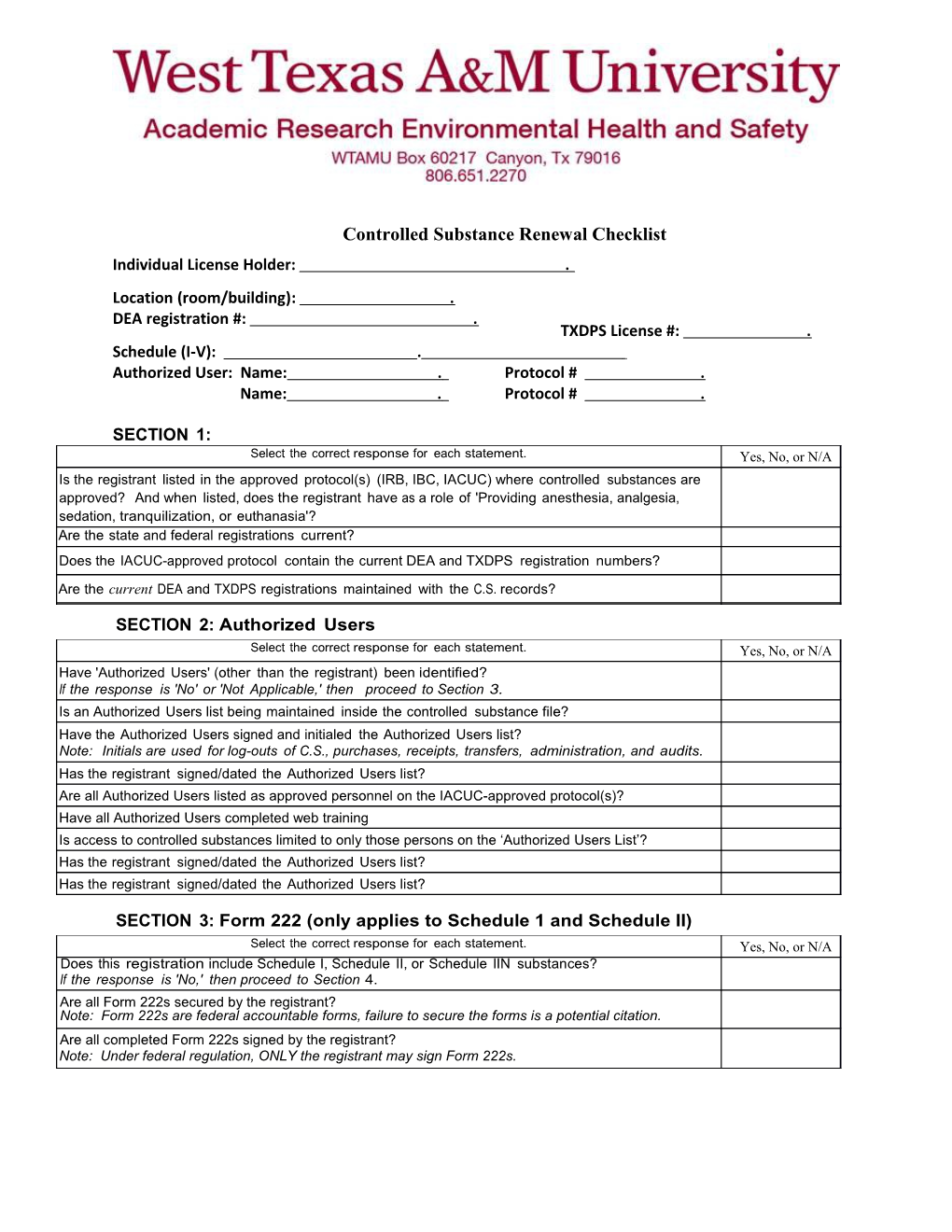 Controlled Substance Renewal Checklist