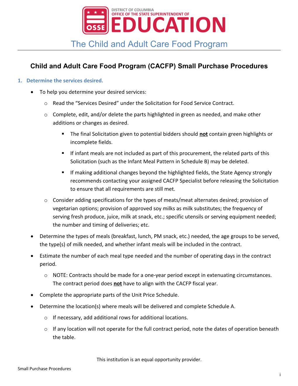 Child and Adult Care Food Program (CACFP) Small Purchase Procedures
