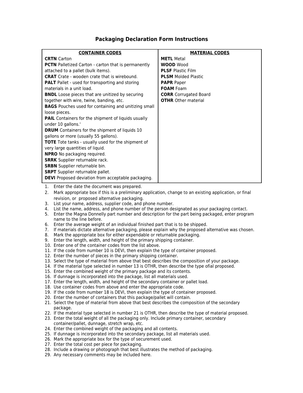 Packaging Declaration Form Instructions