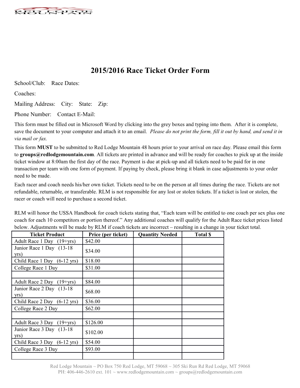 2015/2016 Race Ticket Order Form