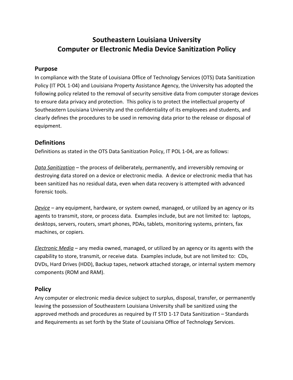Computer Or Electronic Media Device Sanitization Policy