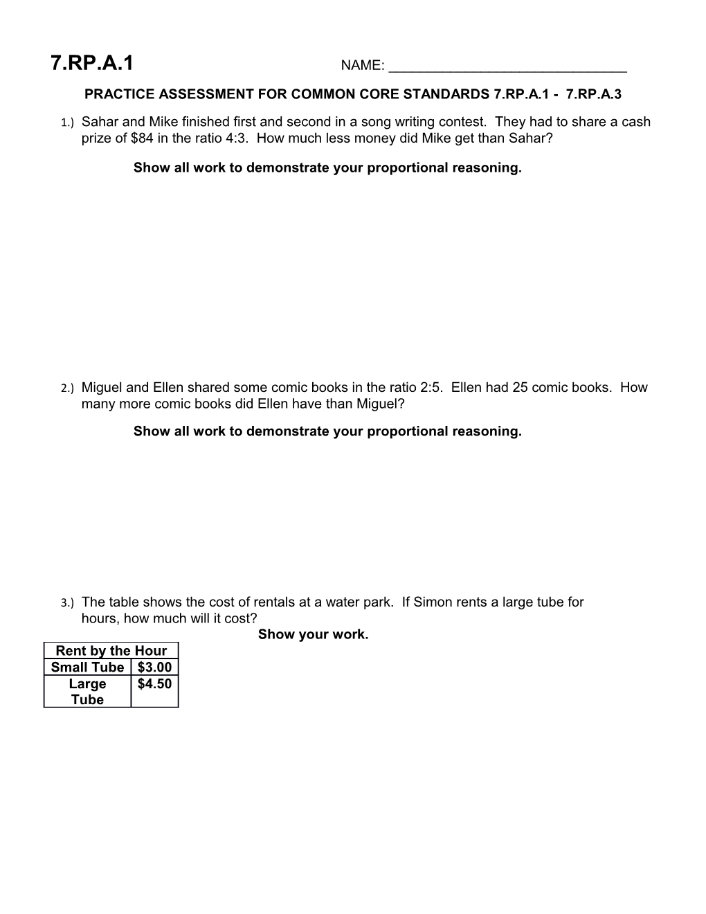 Practice Assessment for Common Core Standards 7.Rp.A.1 - 7.Rp.A.3