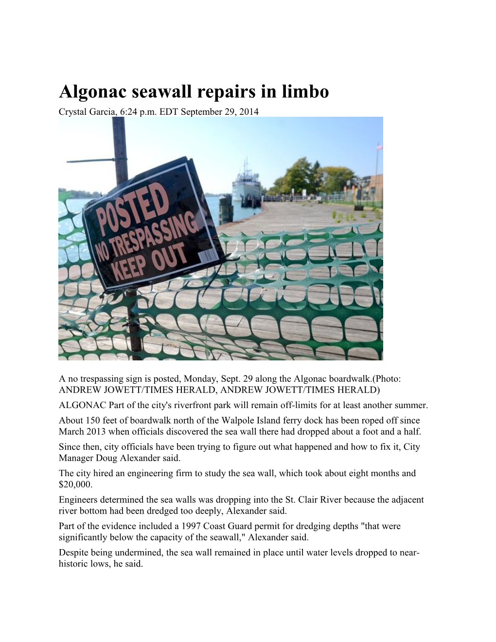 Algonac Seawall Repairs in Limbo