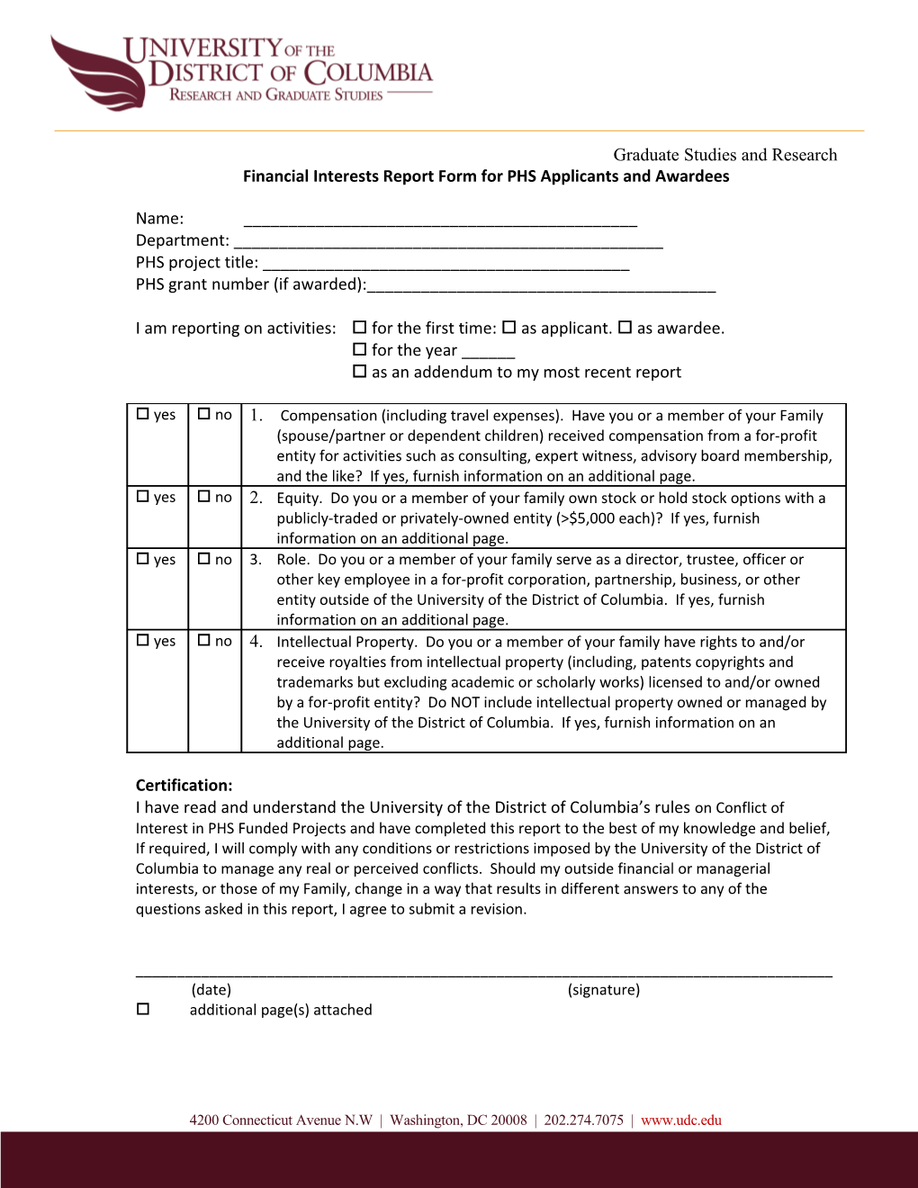 Financial Interests Report Form for PHS Applicants and Awardees