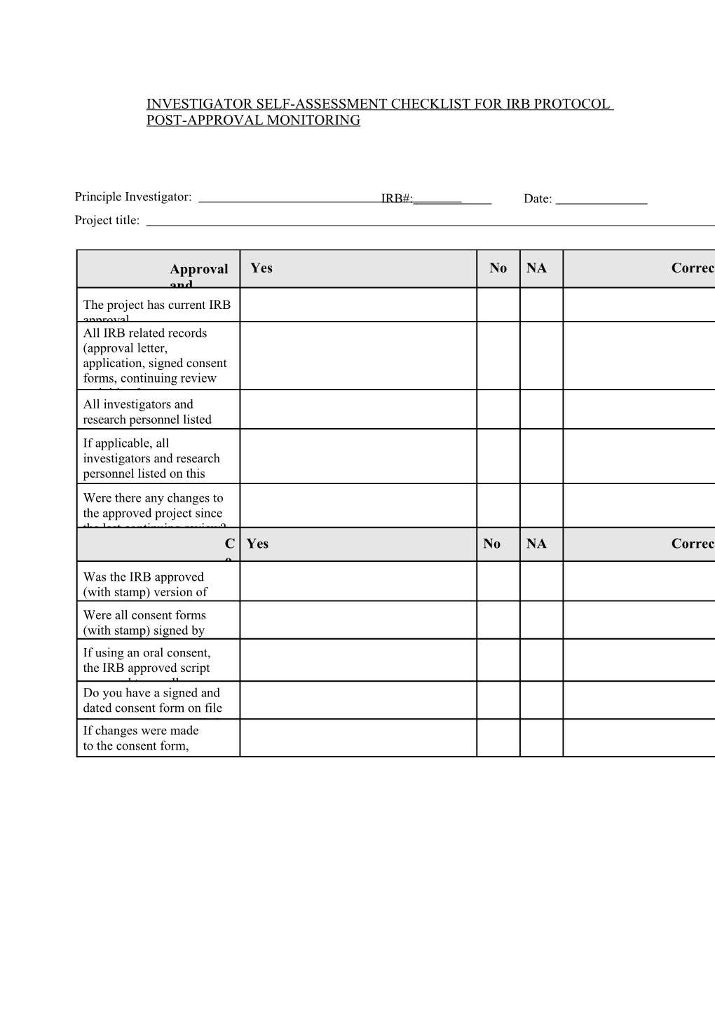 Investigator Self-Assessment Checklist for Irb Protocol Post-Approval Monitoring