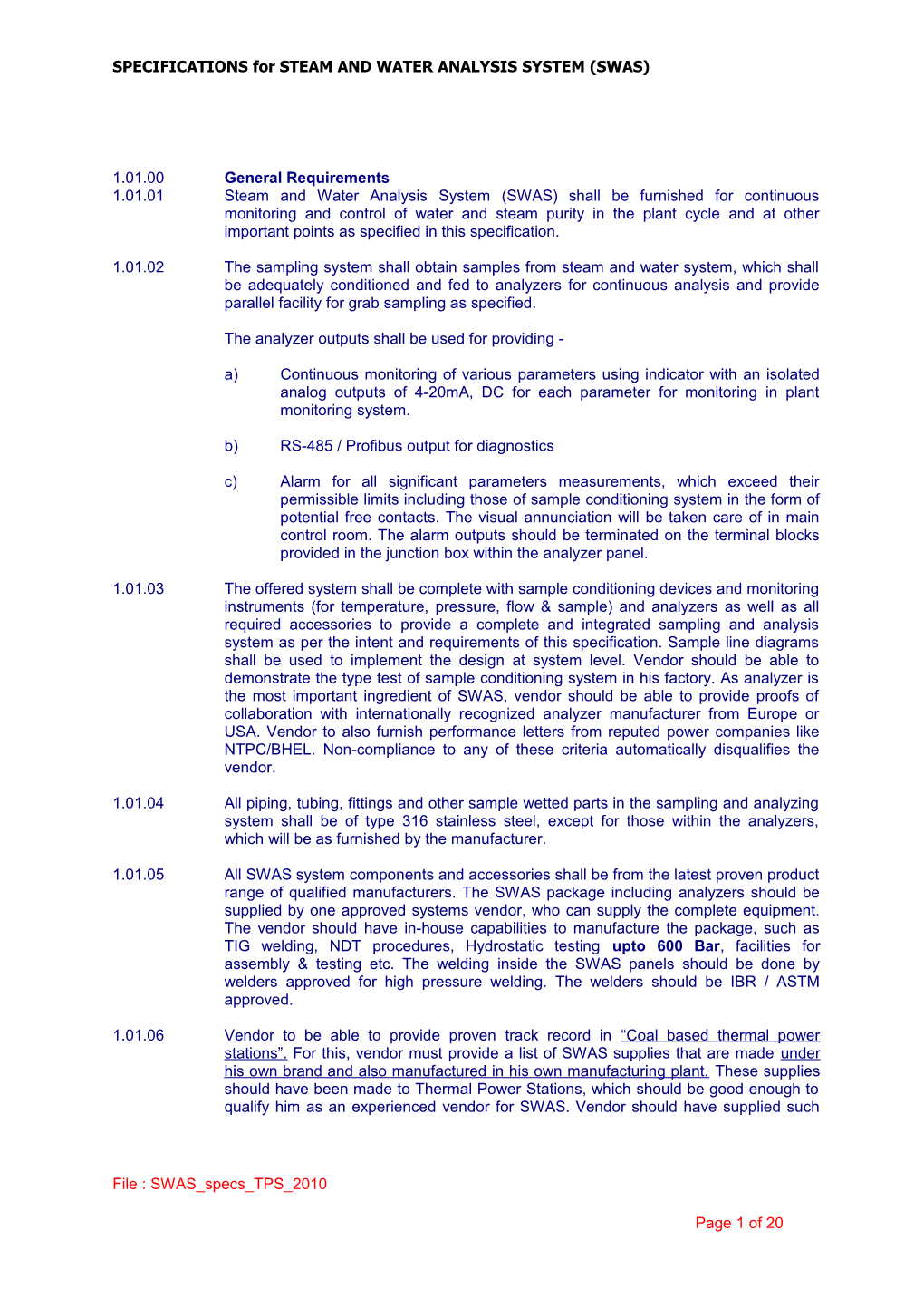 Supercritical Boilers - SWAS Specifications