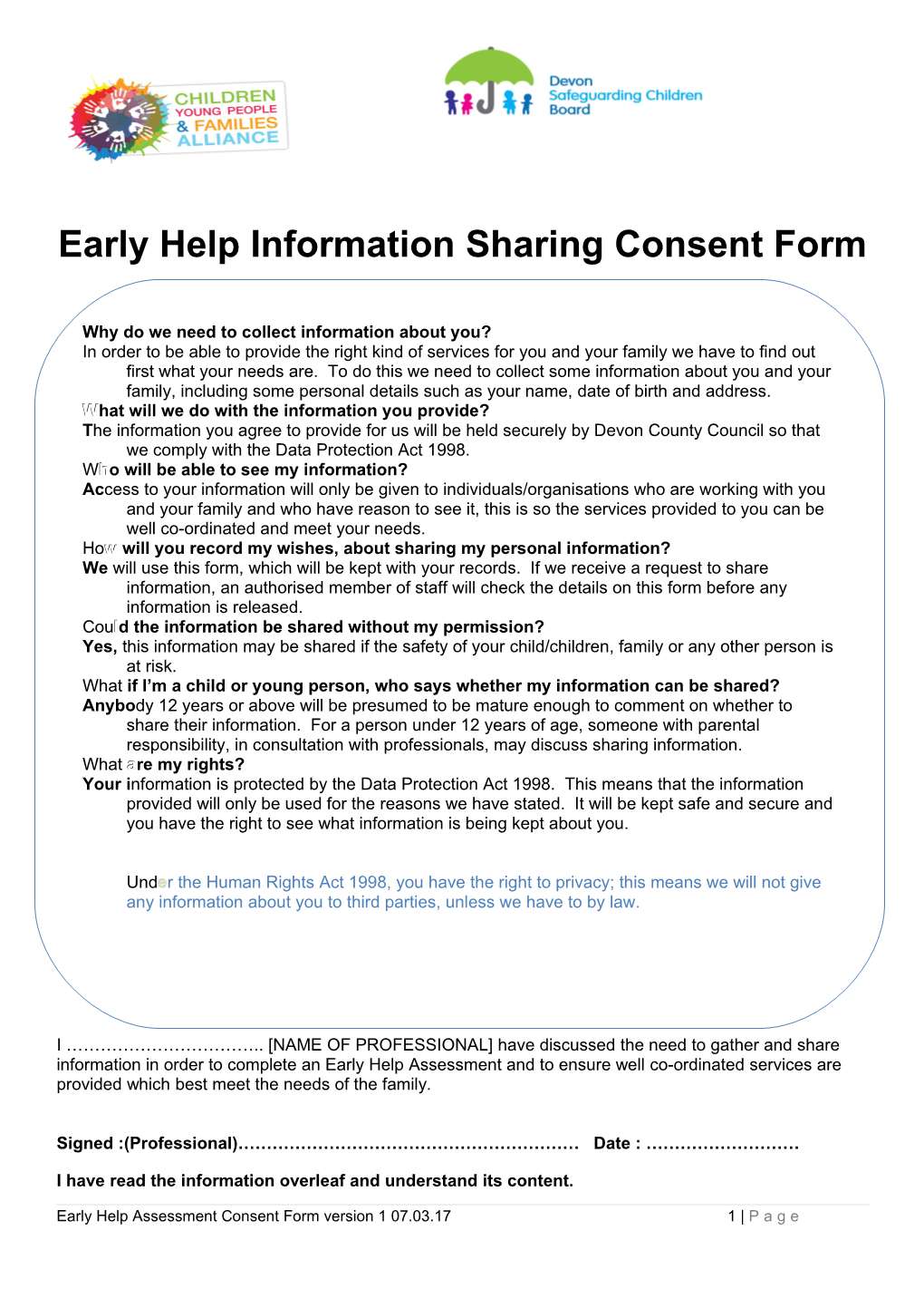 Early Help Information Sharing Consent Form
