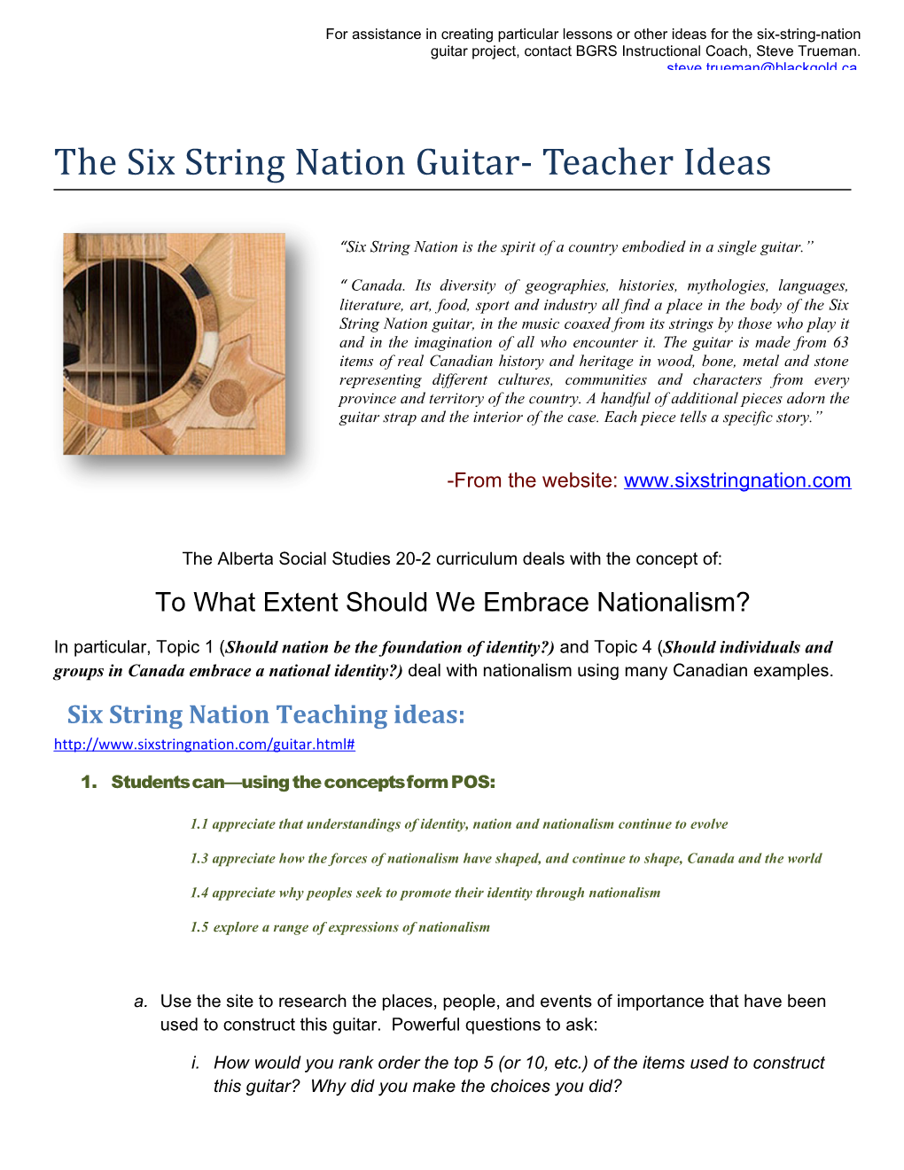 The Six String Nation Guitar- Teacher Ideas