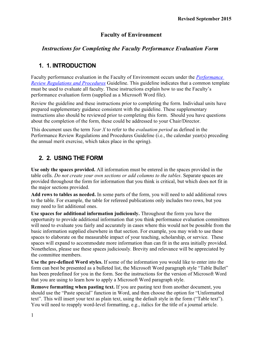 Faculty of Environment Instructions for Completing the Faculty Performance Evaluation Form