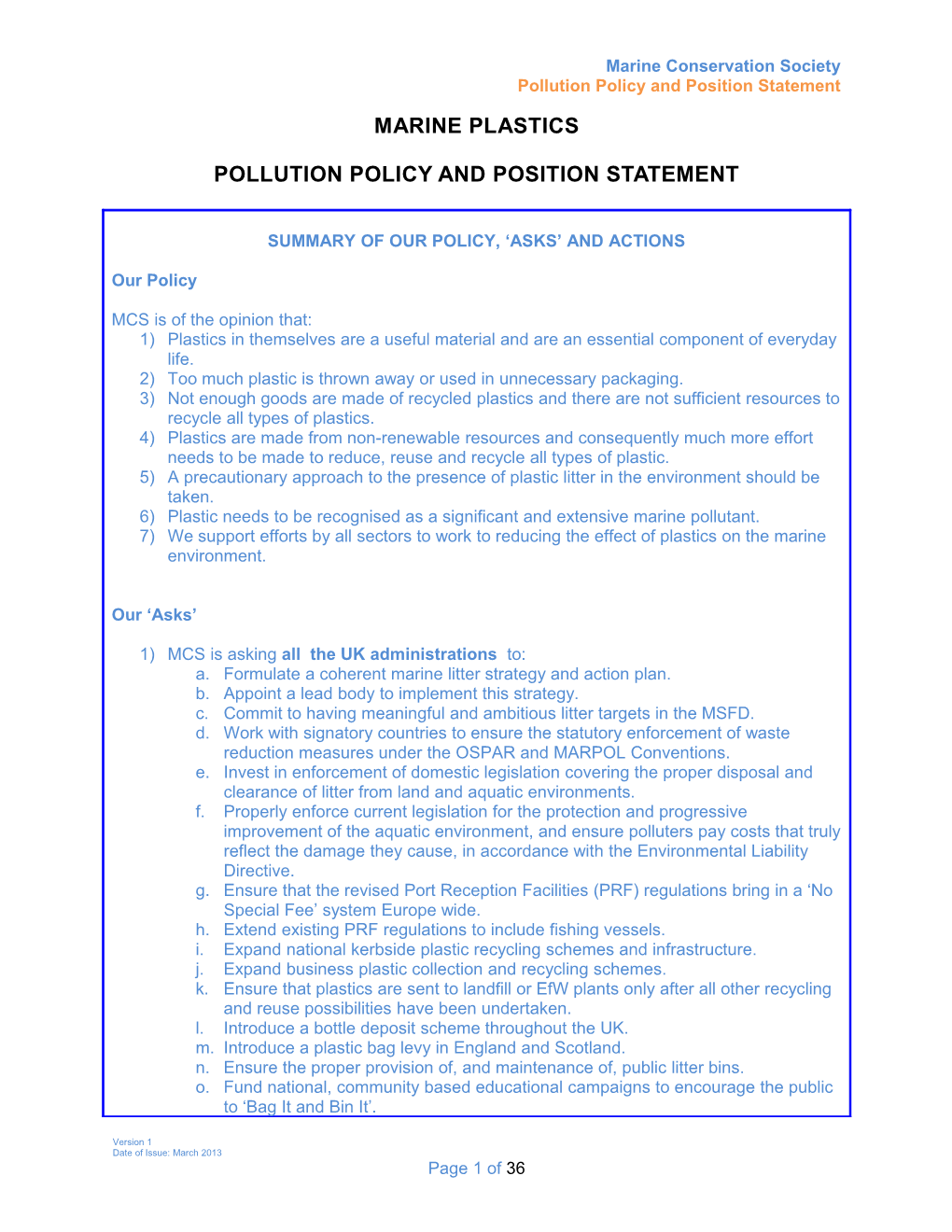 Pollution Policy and Position Statement