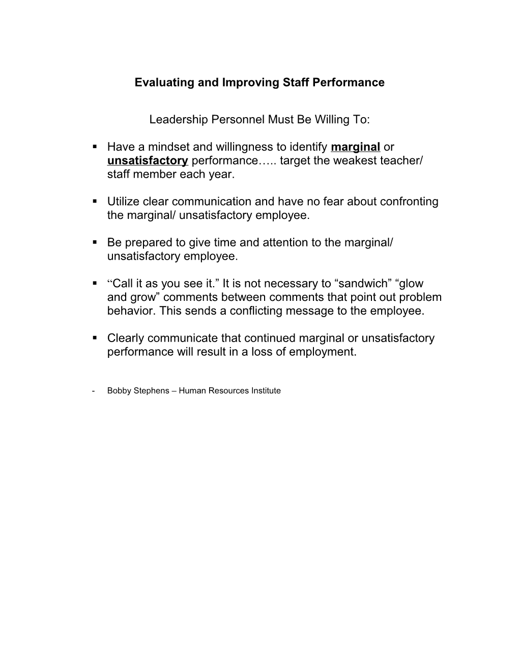 Evaluating and Improving Staff Performance