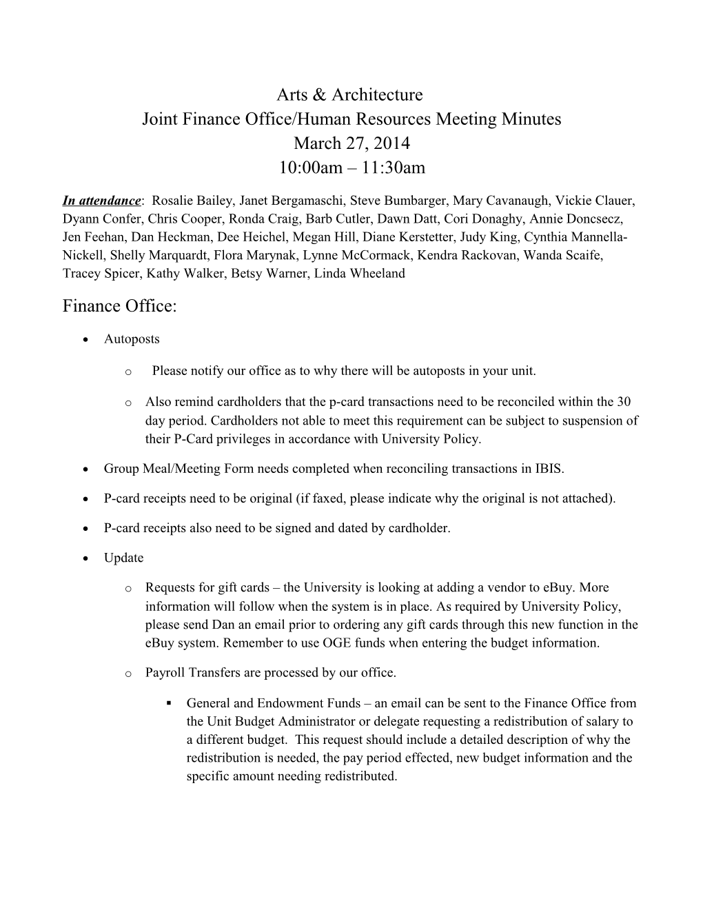 Joint Finance Office/Human Resources Meeting Minutes