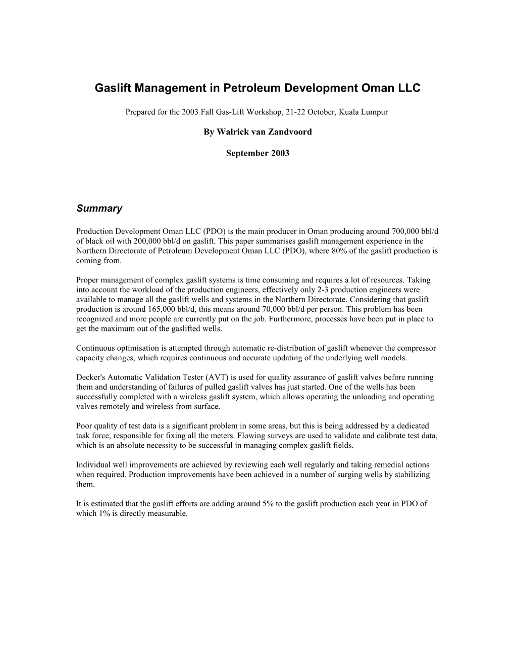 Gaslift Management in Petroleum Development Oman LLC