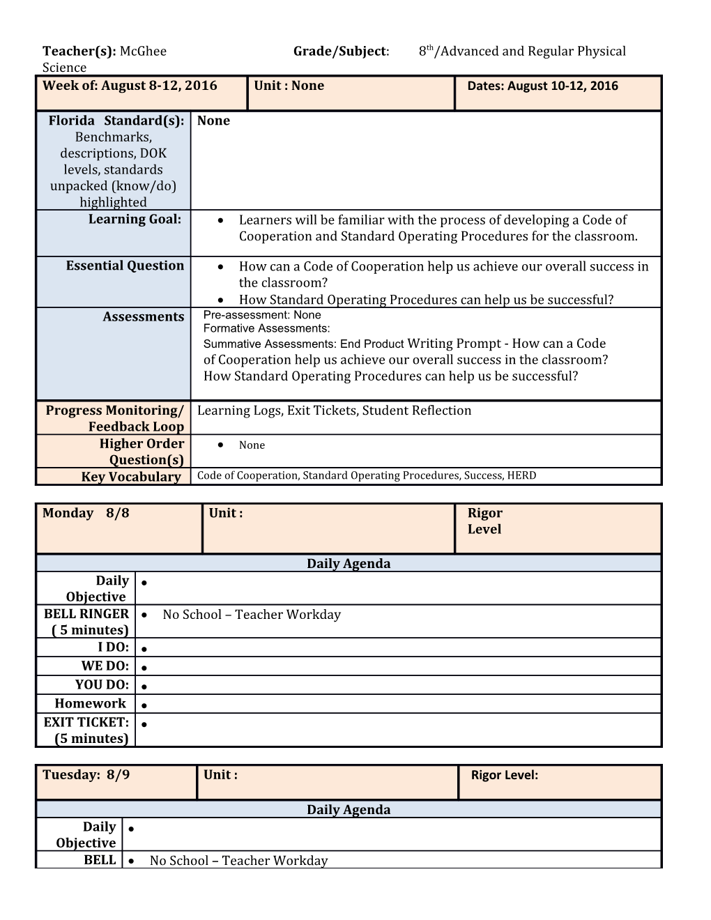 Teacher(S): Mcghee Grade/Subject: 8Th/Advanced and Regular Physical Science