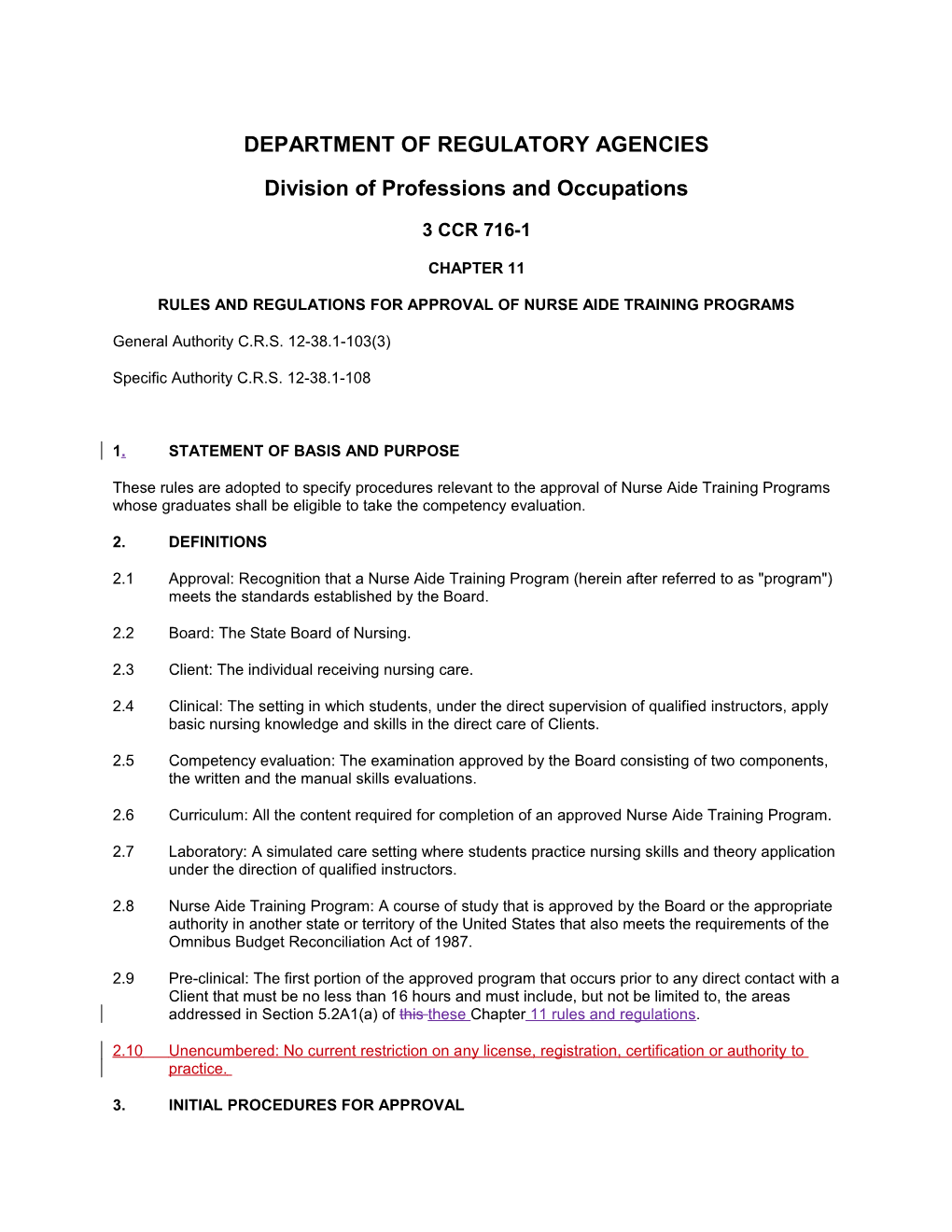 Rules and Regulations for Approval of Nurse Aide Training Programs