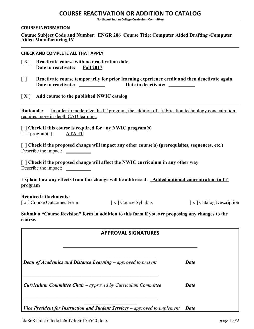 Cover Sheet: New Academic Course Proposal