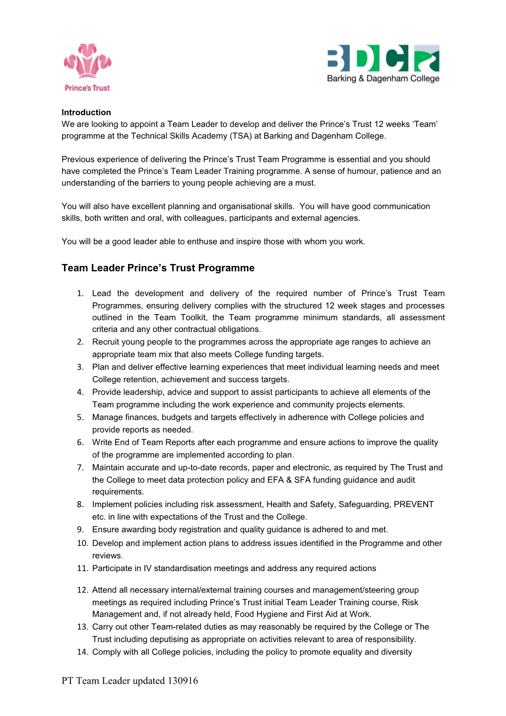 Team Leader Prince S Trust Programme