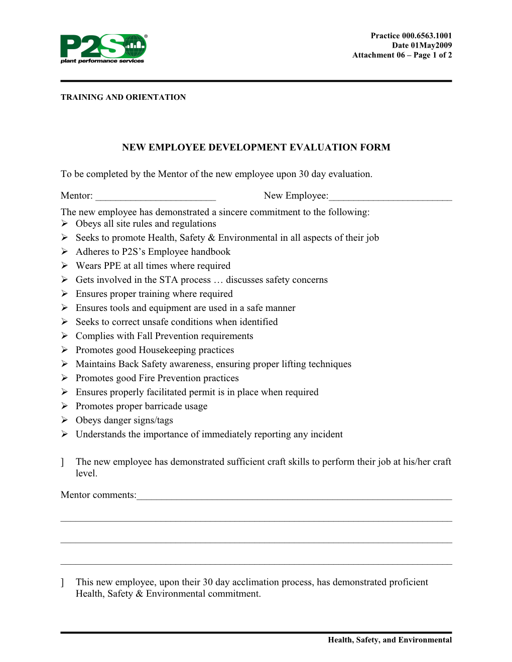 New Employee Development Evaluation Form
