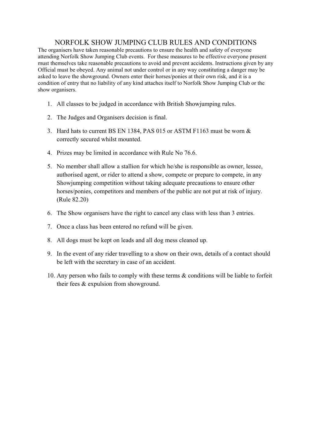 Norfolk Show Jumping Club Rules and Conditions