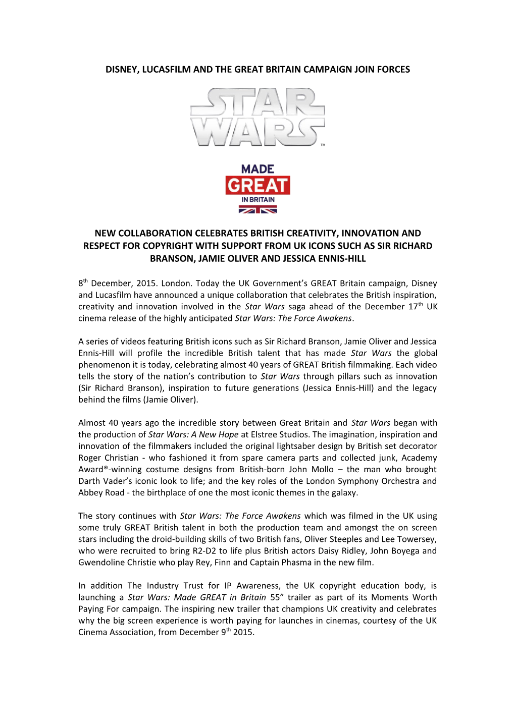 Disney, Lucasfilm and the Great Britain Campaign Join Forces