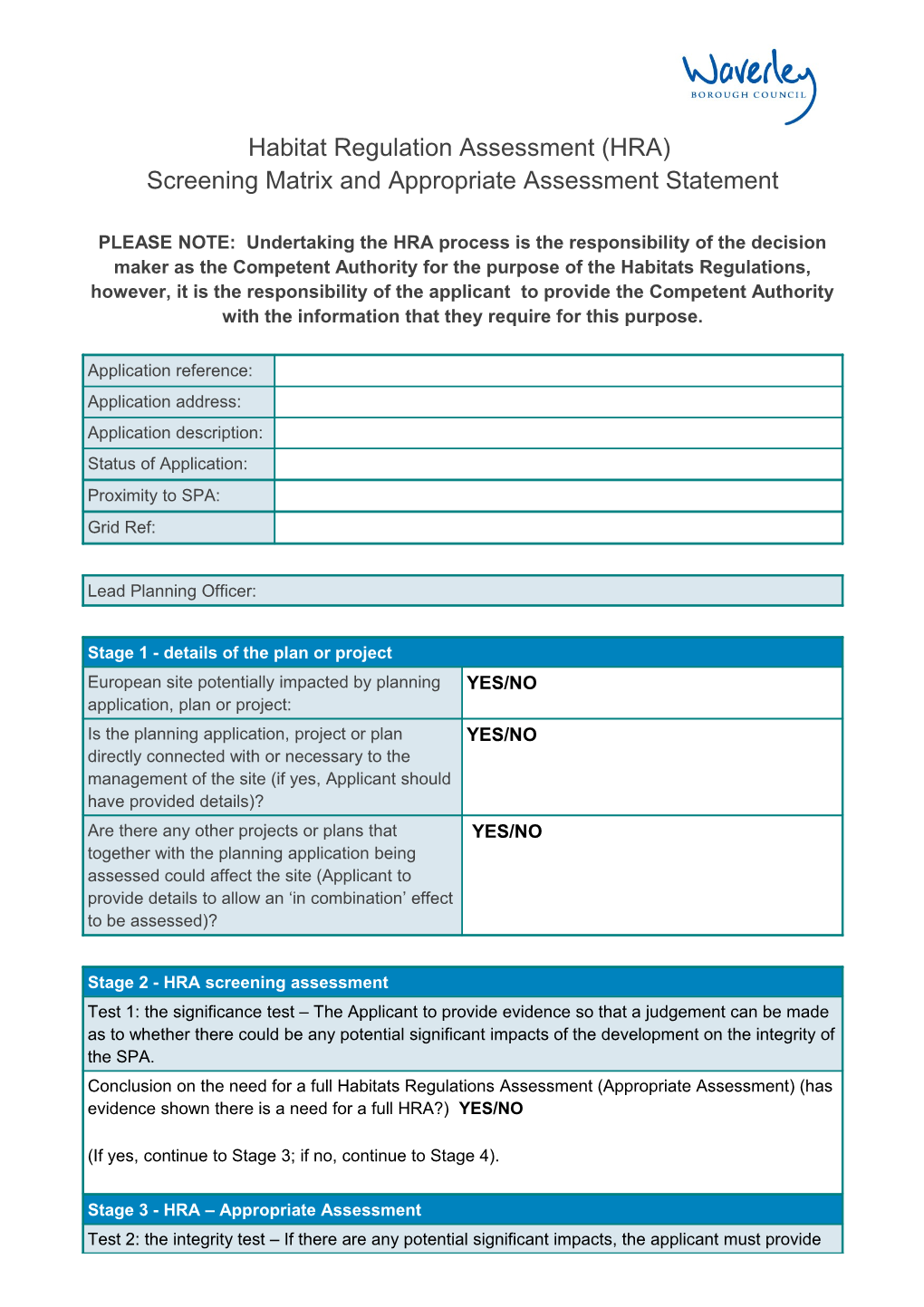 Habitat Regulation Assessment (HRA) Screening Matrix