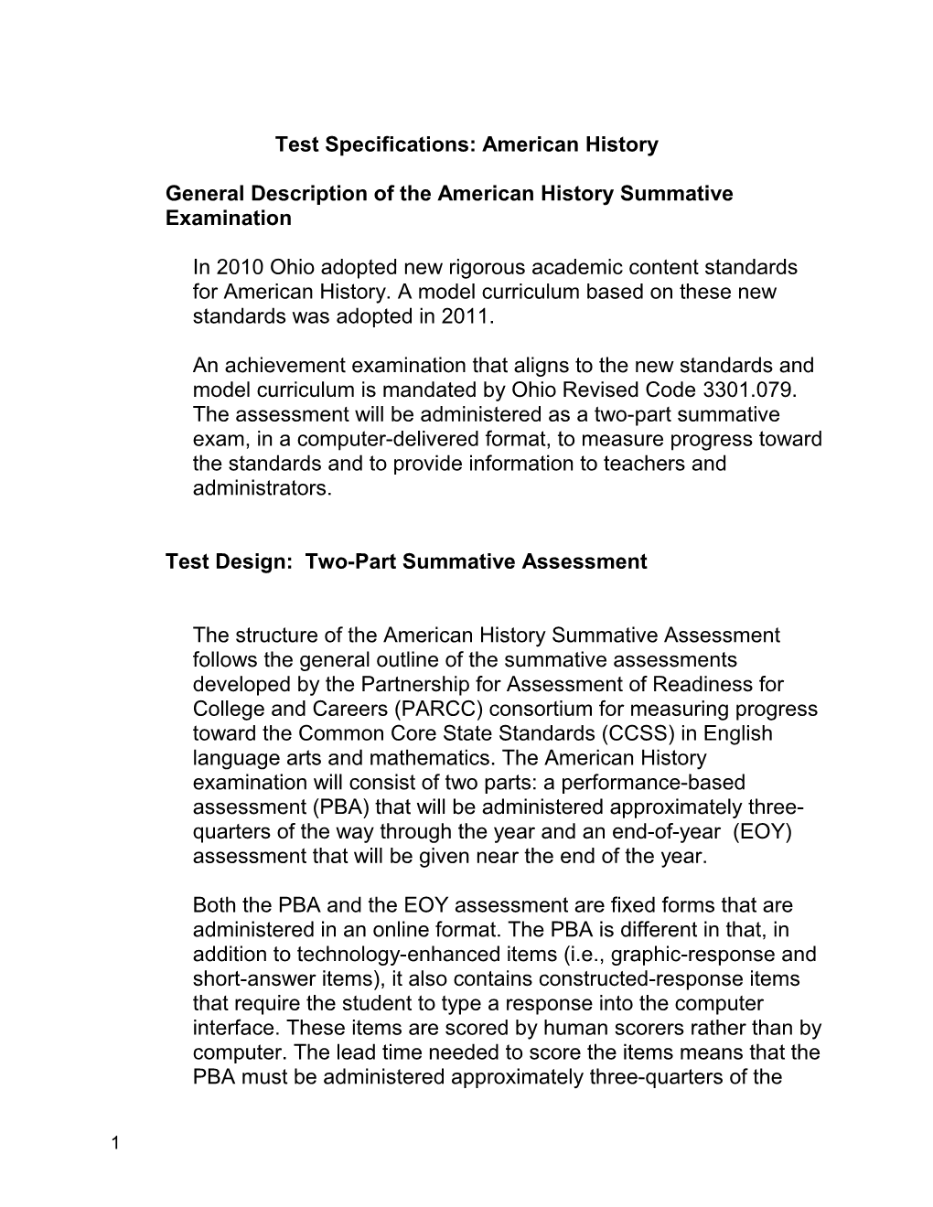 Test Specifications: American History