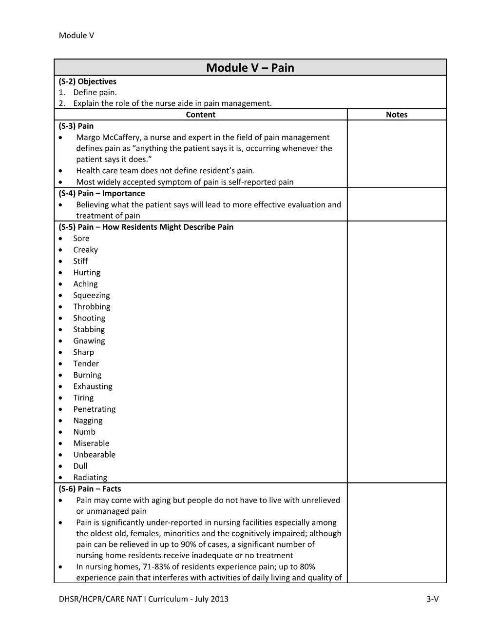 DHSR/HCPR/CARE NAT I Curriculum - July 2013 s1