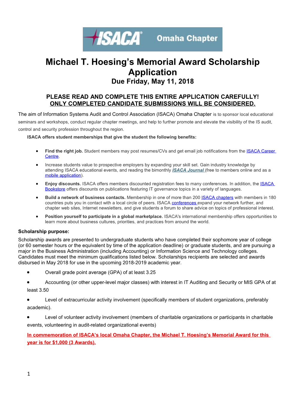 Michael T. Hoesing S Memorial Award Scholarship Application