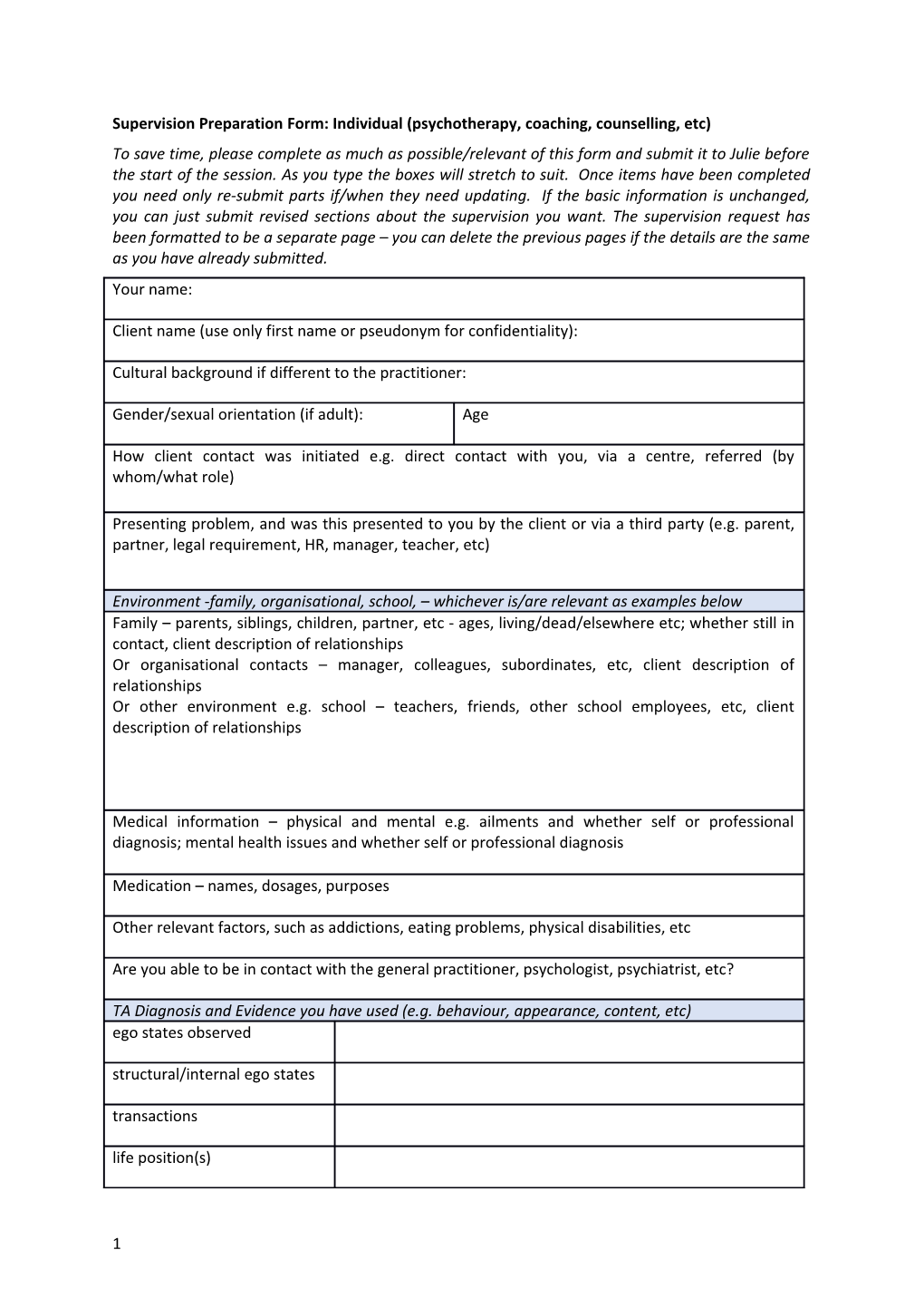Supervision Preparation Form: Individual (Psychotherapy, Coaching, Counselling, Etc)