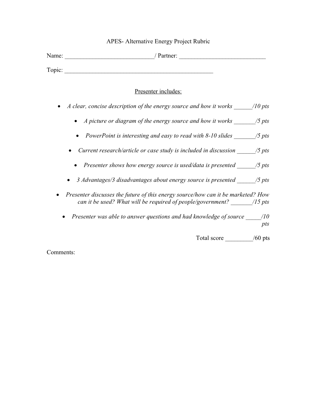 APES- Alternative Energy Project Rubric