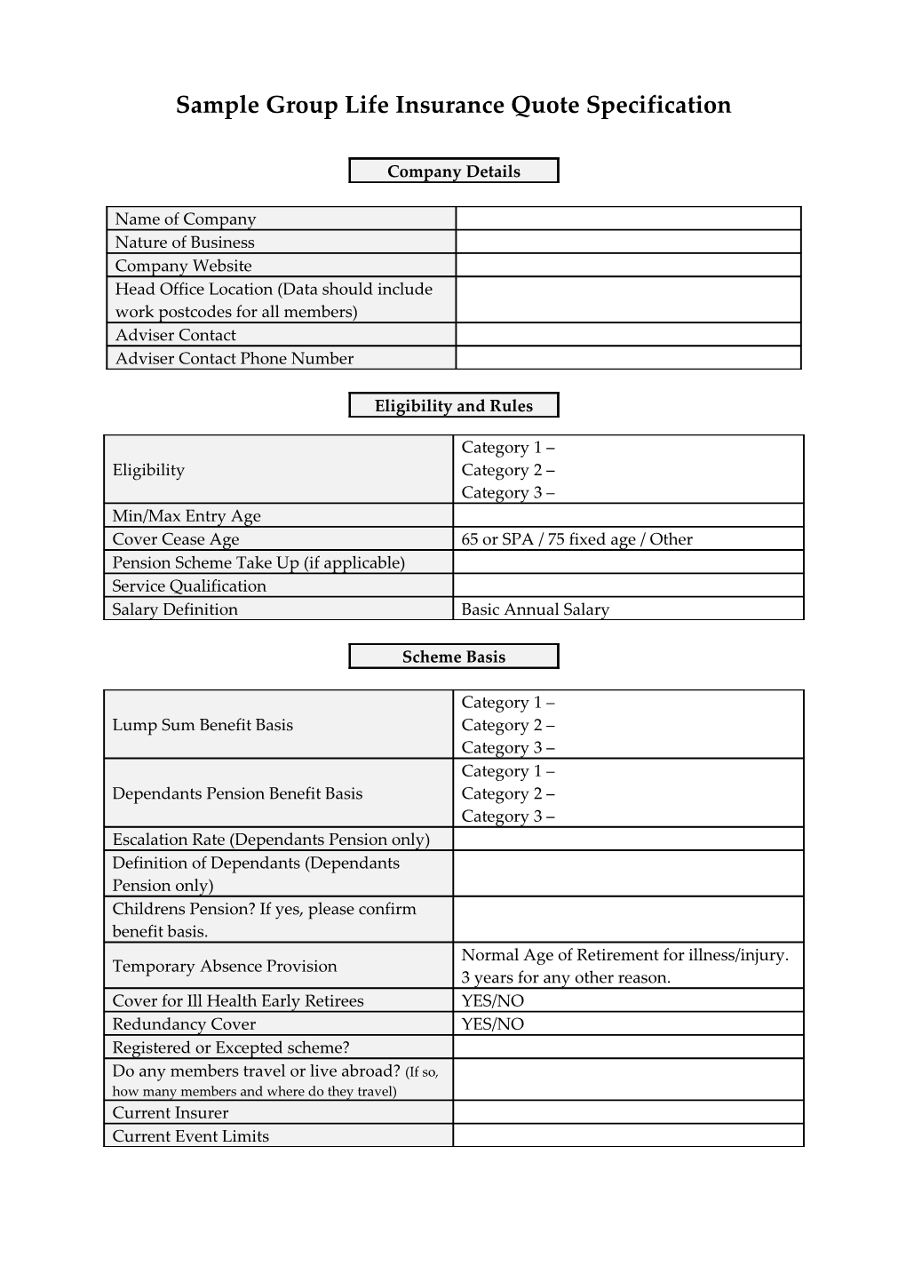 Sample Group Life Insurance Quote Specification